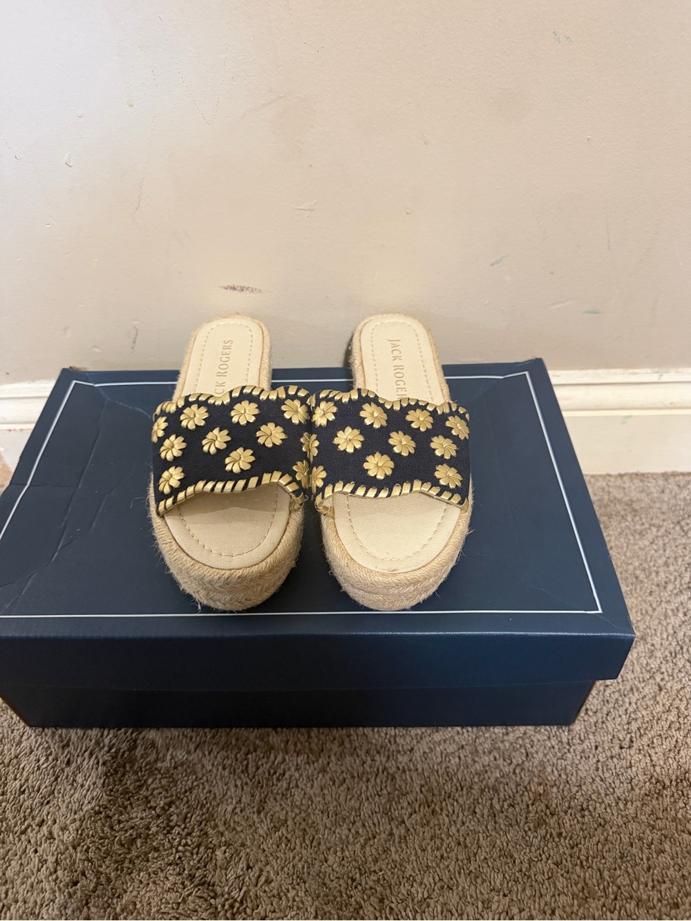 Jack Rogers Navy Slide Sandals with Gold Floral Accents